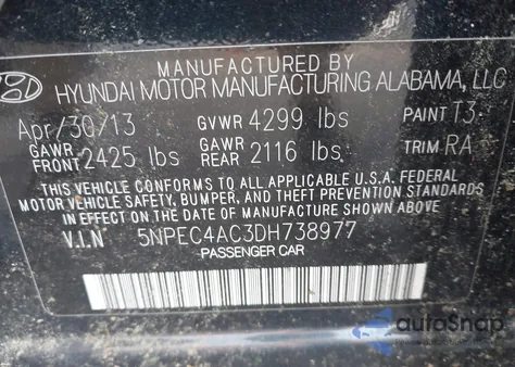 2013 Hyundai Sonata Se from USA, damaged, VIN 5NPEC4AC3DH738977